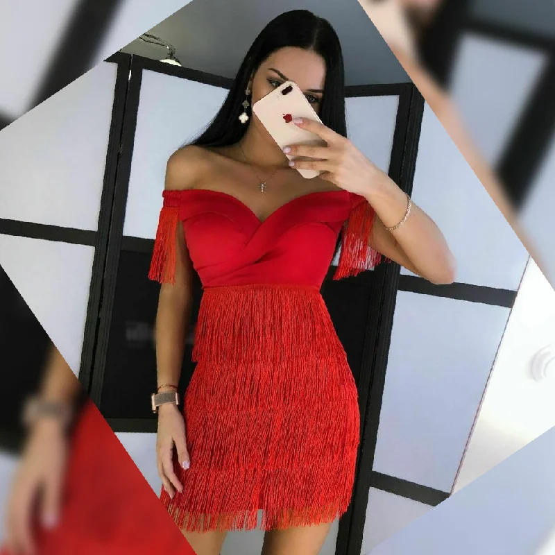 Custom-made dresses for personalized fitsOff Shoulder Short Sleeve Tassels Mini Bandage Dress HL8605