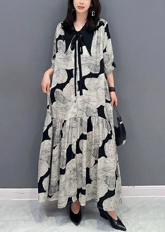 Bridesmaid dresses for womenFrench Grey Peter Pan Collar Wrinkled Print Patchwork Long Chiffon Dress Summer