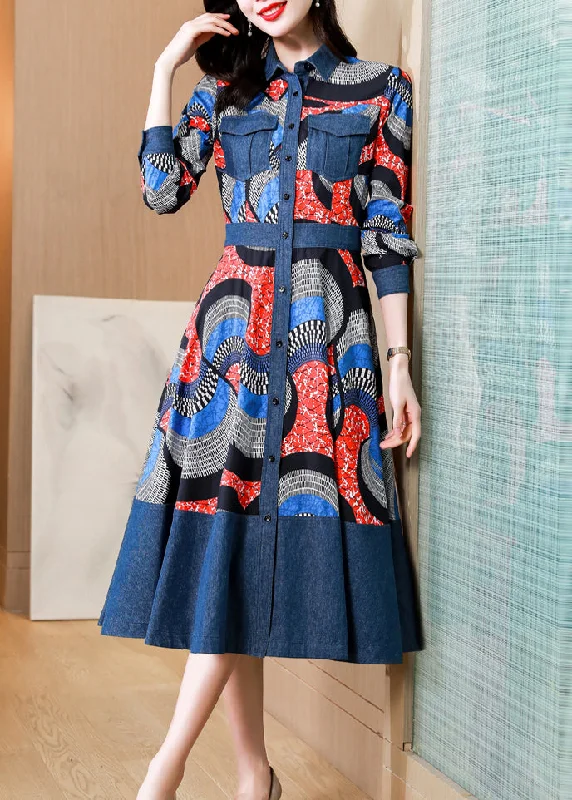 Plunging neckline dresses for womenItalian Blue Peter Pan Collar Print Patchwork Denim Dress Fall