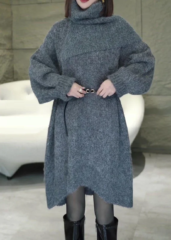 Ripped and distressed women's sweaterLoose Grey Turtleneck Solid Cozy Knit Sweater Dress Winter