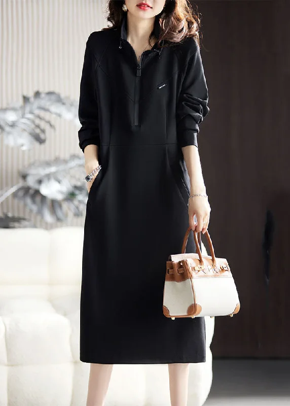 Linen dresses for summerFitted Black Stand Collar Zippered Patchwork Long Dress Fall