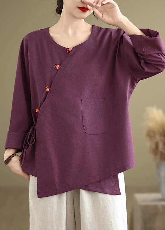 Breathable women's topsVintage Purple Oversized Tie Waist Linen Shirts Spring