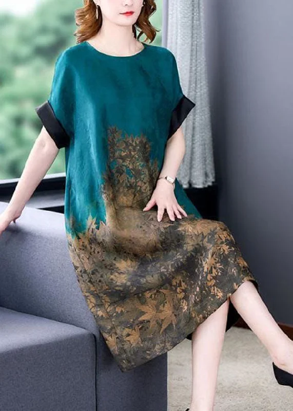 Day dresses for everyday wearPlus Size Blue O Neck Print Patchwork Silk Dress Summer
