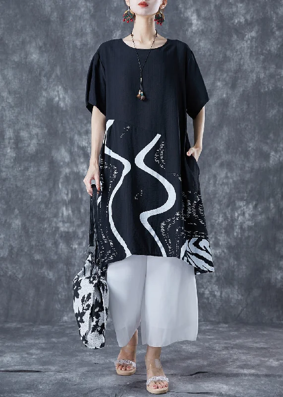 Bridal dresses for womenBlack Patchwork Cotton Holiday Dress Oversized Print Summer