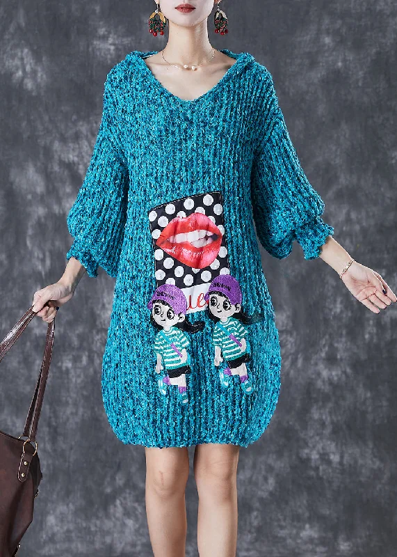 Crew neck women's sweaterModern Blue Hooded Character Applique Knit Sweater Dress Fall