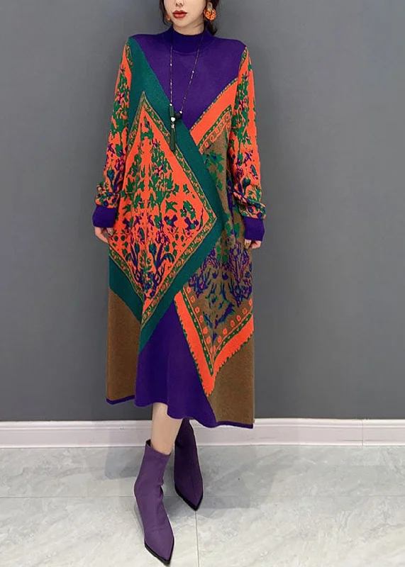 Petite women's sweaterWomen Purple Hign Neck Oversized Print Knit Sweater Dress Winter