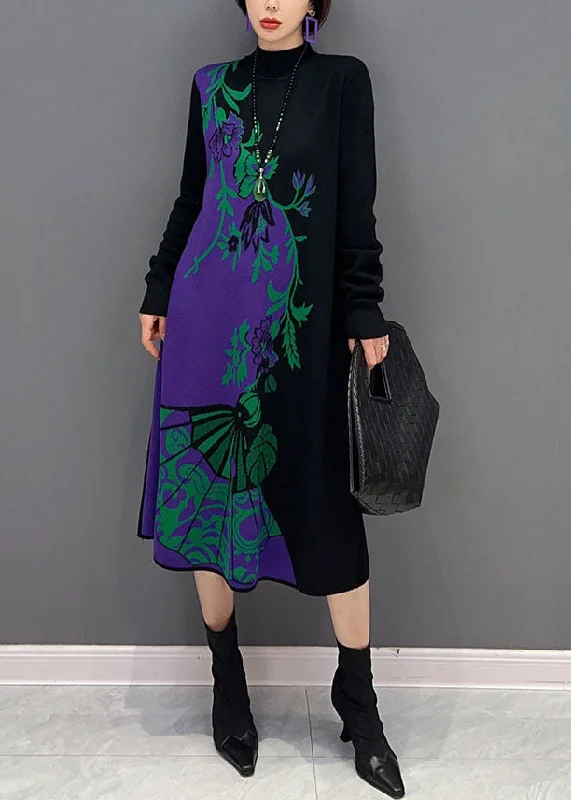 Coral women's sweaterItalian Black Hign Neck Print Knit Sweater Dress Winter