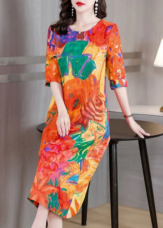 High-neck dresses for womenBeautiful Orange O Neck Print Patchwork Silk Dress Summer