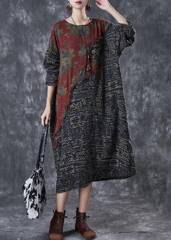 Elegant women's dressesVintage Colorblock Asymmetrical Patchwork Linen Loose Dress Spring