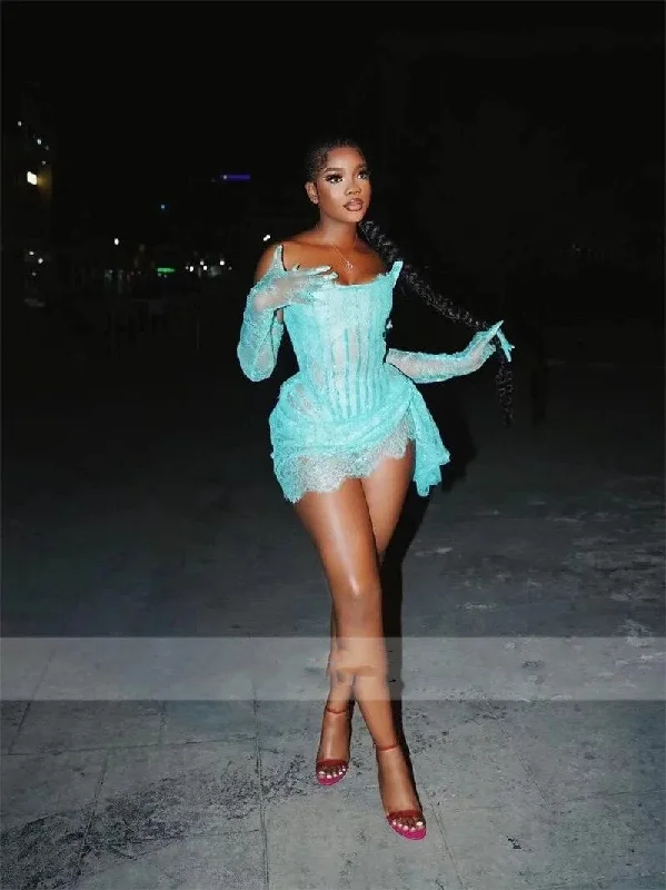 Statement dresses for making a fashion statementSexy Blue Prom Dresses Two Sleeves Lace Appliques Birthday Mini Cocktail Party Gowns Corset Back Custom Made