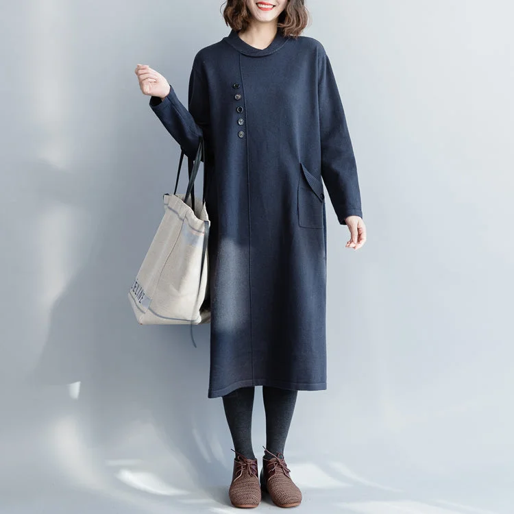 Cashmere women's sweaterCute Sweater knit dress pattern plus size O neck pockets navy DIY knitwear