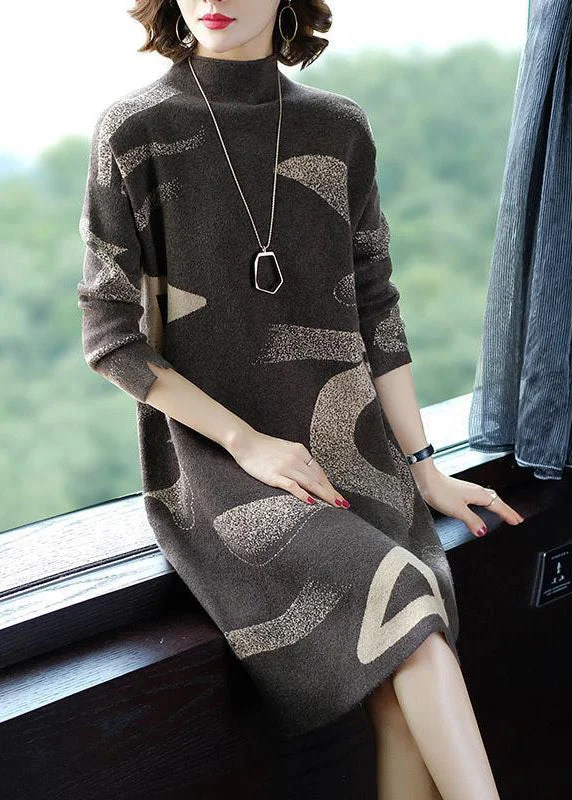 Camo women's sweaterFrench Khaki Stand Collar Oversized Print Cashmere Sweater Dress Long Sleeve