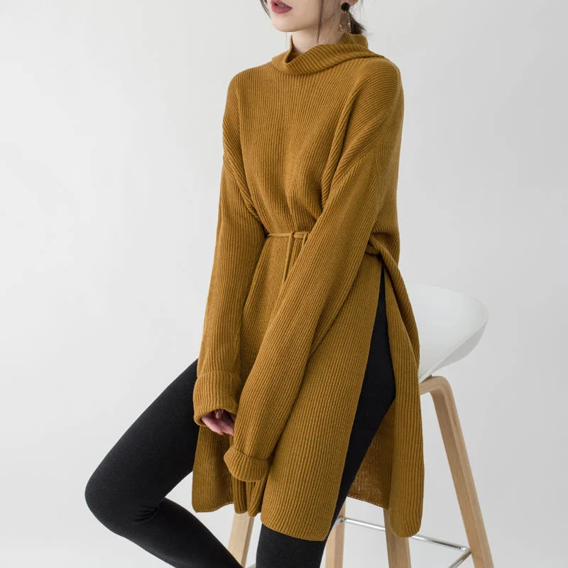 Petite women's sweatervintage yellow sweater dresses Loose fitting high neck side open long knit sweaters casual tie waist winter dress
