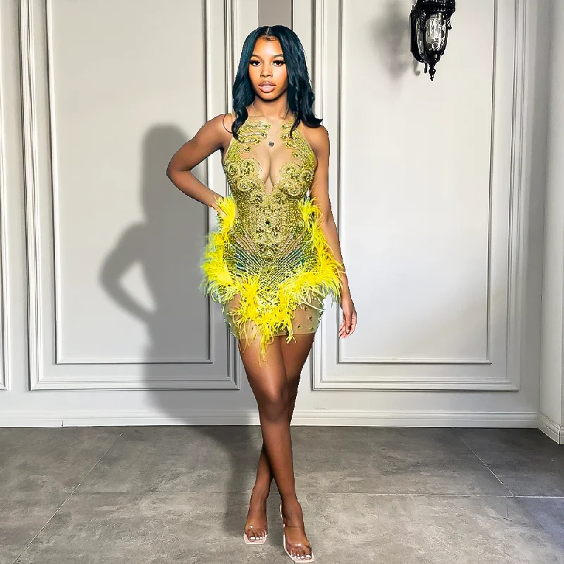 Bridesmaid dresses for womenLuxury Sexy Women Birthday Party Gowns Sheer See Through Beaded Feather Yellow Black Girls Short Mini Prom Dresses