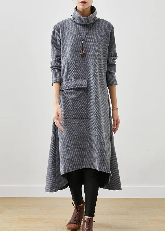 Bridesmaid dresses for womenItalian Grey Turtle Neck Big Pocket Cotton Holiday Dress Spring