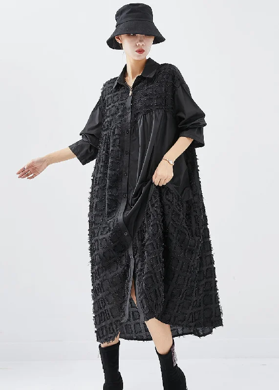 Spaghetti strap dresses for womenFrench Black Oversized Patchwork Cotton Holiday Dress Fall
