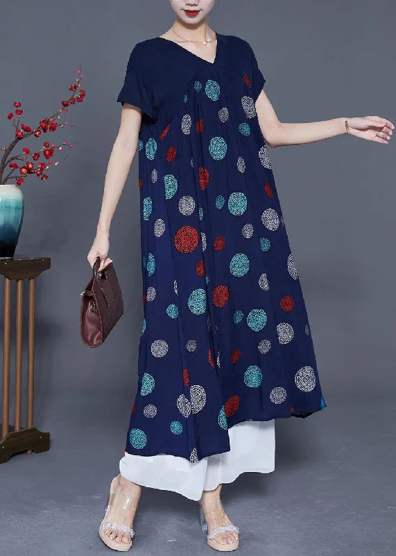Floral dresses for womenArt Navy V Neck Patchwork Print Cotton Robe Dresses Summer
