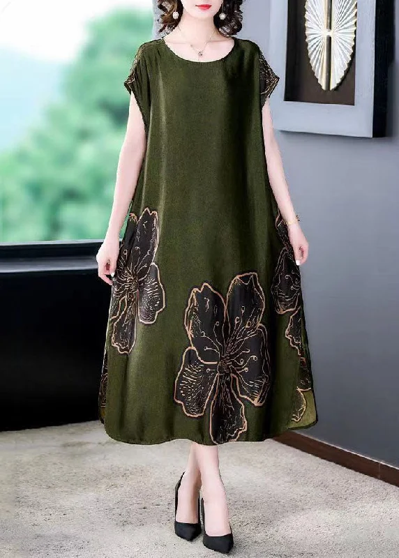 Little white dresses (LWDs) for womenSimple Green O Neck Print Patchwork Silk Long Dresses Summer