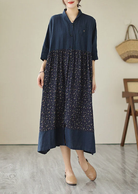 Vintage women's dressesPlus Size Blue V Neck Print Patchwork Button Cotton Long Dresses Summer