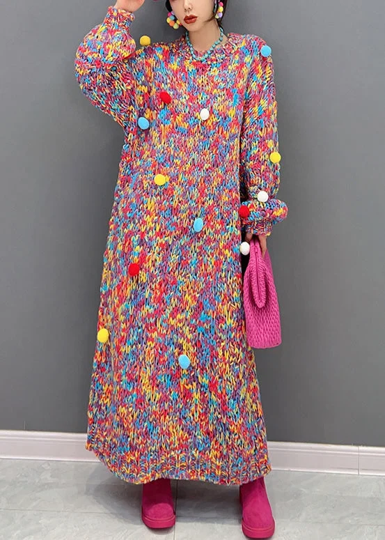 Sustainable women's sweaterHandmade O-Neck Print Fuzzy Ball Decorated  Knit Long Sweaters Dresses Winter