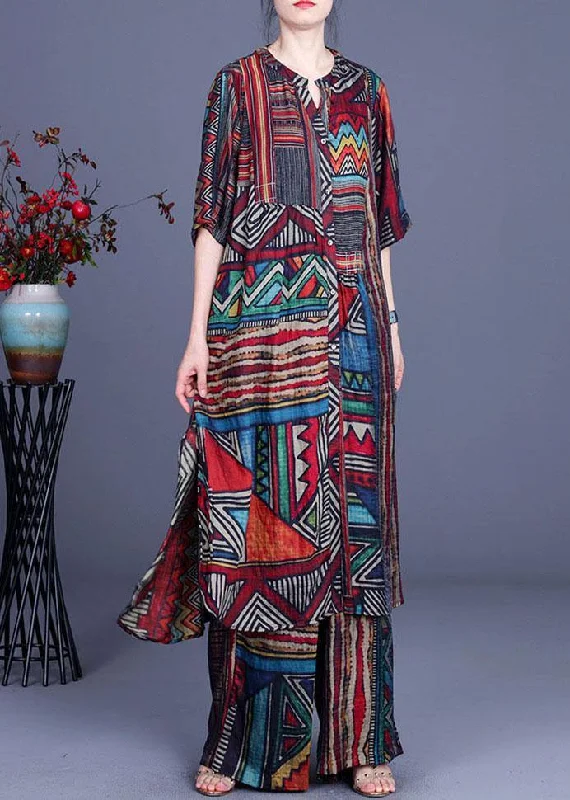 Breathable women's topsStylish Geometric PrintSilk long shirts Wide Leg Two Piece Suit Set