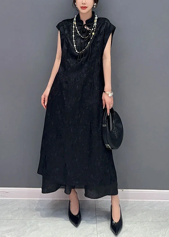 Striped dresses for womenChinese Style Black Tasseled Jacquard Patchwork Silk Dress Summer