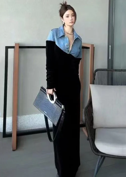 A-line dresses for womenNew Blue Peter Pan Collar Denim Patchwork Silk Velour Long Dress Fall
