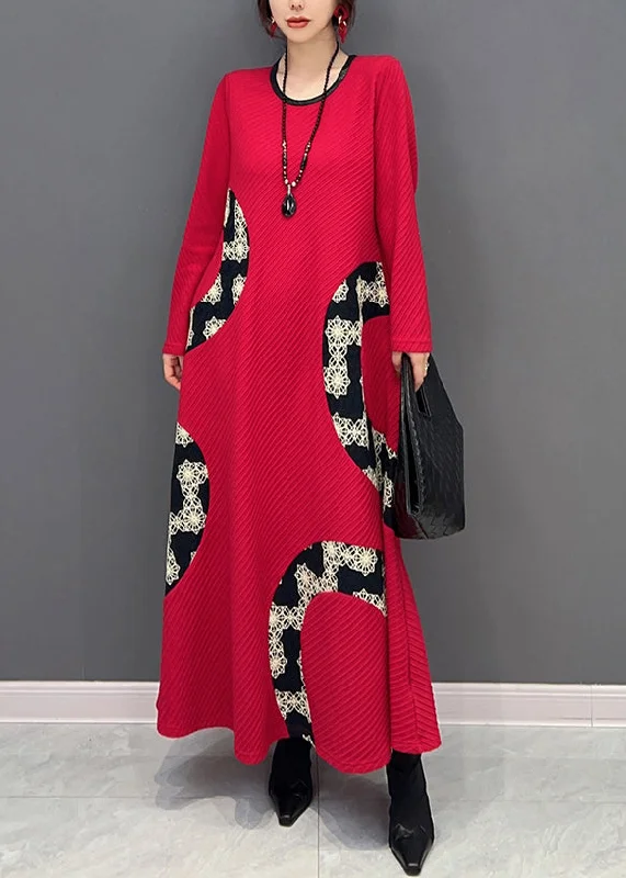 High-neck dresses for womenWomen Red O Neck Print Patchwork Knit Long Dress Fall
