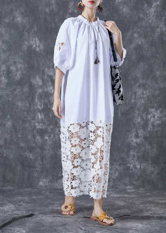 Velvet dresses for winterOrganic White Hollow Out Patchwork Lace Cotton Ankle Dress Summer