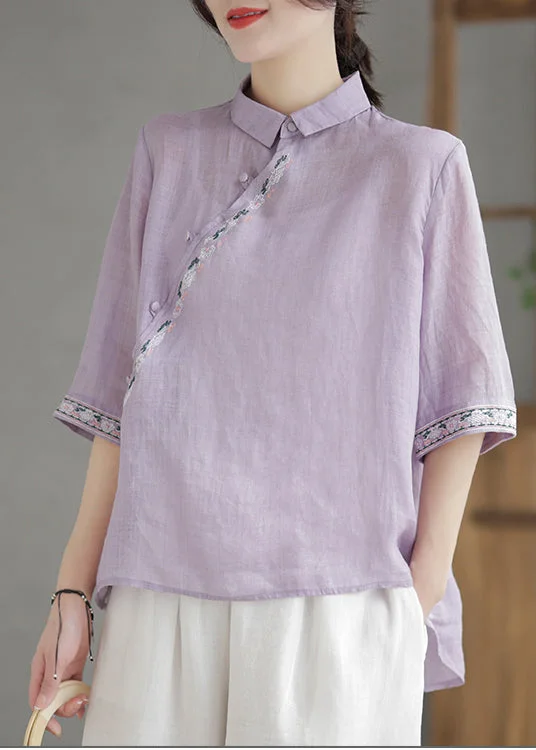 Boutique women's topsVintage Purple Embroideried Linen Shirt Half Sleeve