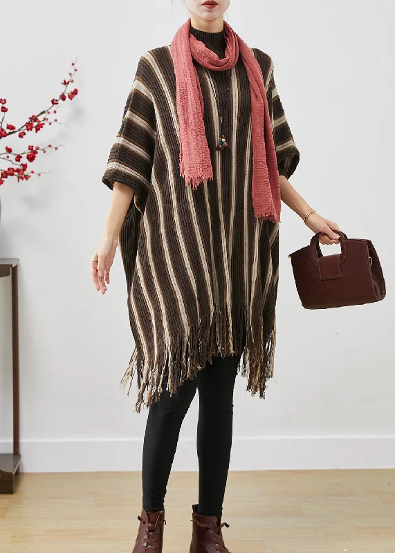 One-shoulder women's sweaterBoutique Brown Tasseled Striped Knit Sweater Dress Batwing Sleeve