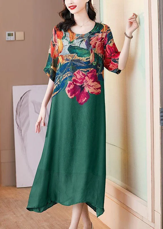 Little red dresses (LRDs) for womenBoutique Green O Neck Print Patchwork Silk Dresses Summer