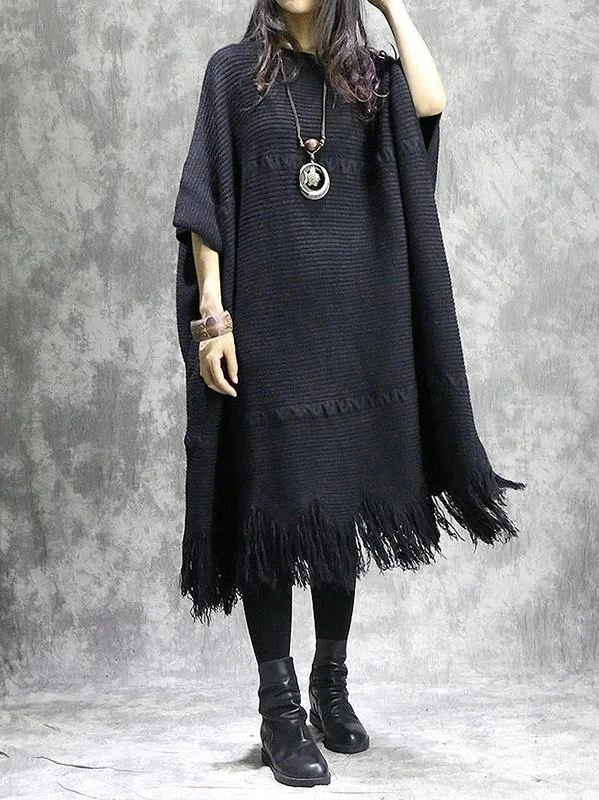 Autumn women's sweaterKnitted black Sweater dress outfit DIY o neck tassel Mujer sweater dress