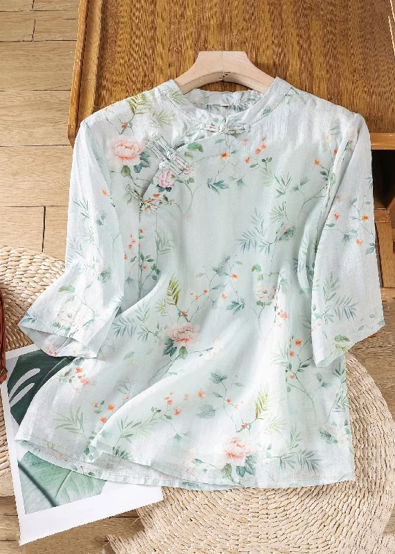 Wrap women's topsLoose Light Blue Stand Collar Print Linen Shirts Half Sleeve