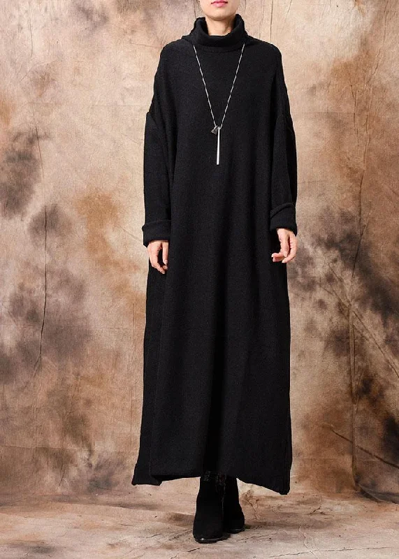 Embroidered women's sweaterComfy high neck Sweater dresses Classy black baggy knitwear fall