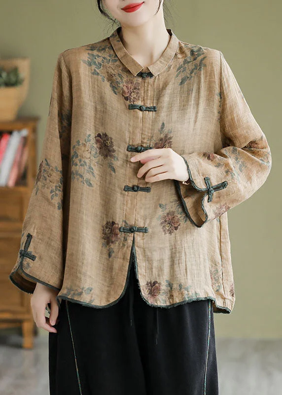 Bodycon women's topsPlus Size Coffee Peter Pan Collar Print Button Shirt Fall