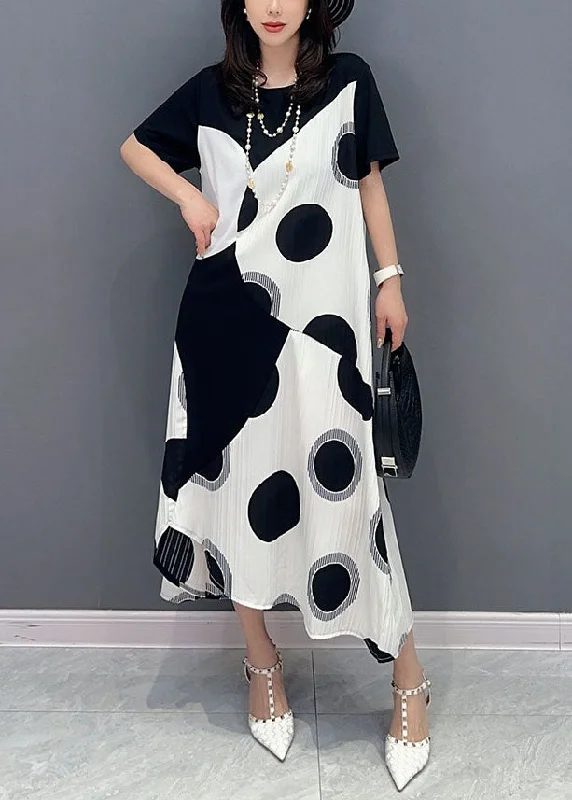 Short-sleeved dresses for womenArt White O Neck Dot Print Patchwork Cotton Dresses Summer