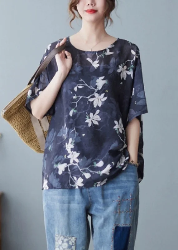 Cardigan-style women's topsLoose Navy O Neck Print Linen T Shirts Summer