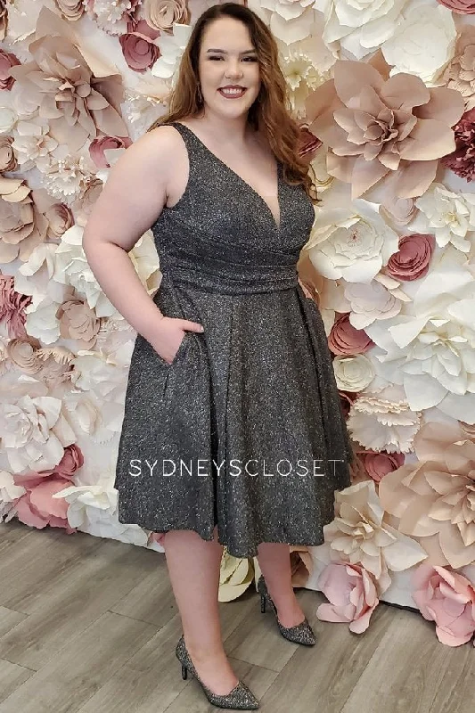 women's suit sets with ventless backsSydney's Closet SC8108 Size 32 Gunmetal Cocktail Dress Short Metallic Shimmer V Neck