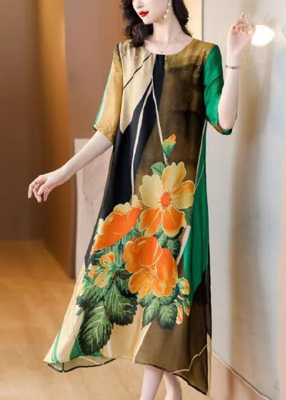 Spring dresses for blossoming stylesArt Green O Neck Print Patchwork Silk Dress Summer