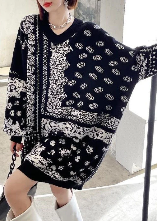 Casual women's sweaterBohemian Black V Neck Oversized Print Knit Sweater Dress Winter