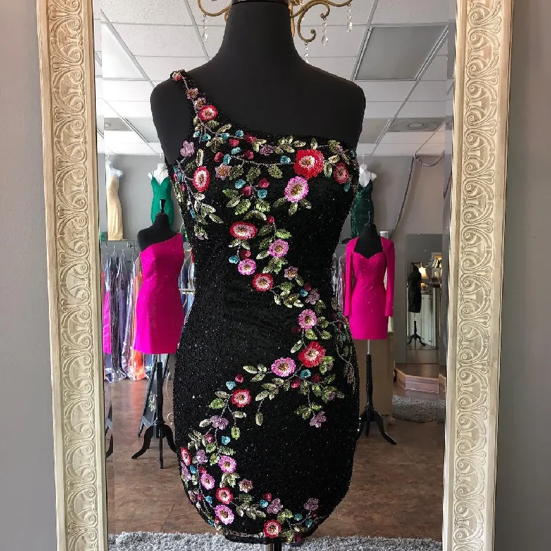 Sack dresses for womenMusic Festival Party Dress Floral Sequin Sexy Cocktail Hoco Mini Black Gown Straps Back One-Shoulder Christmas