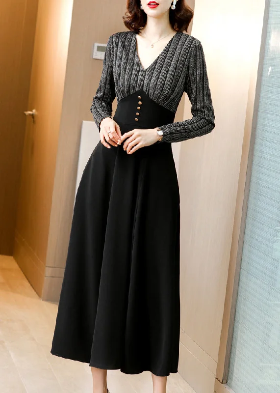 Short-sleeved dresses for womenFrench Black V Neck Pockets Patchwork Slim Fit Cotton Dress Fall