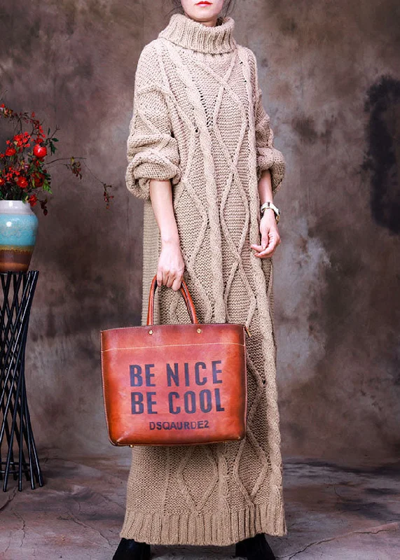 Statement women's sweaterFrench Khaki Turtle Neck Hollow Out Knit Winter Sweater dress