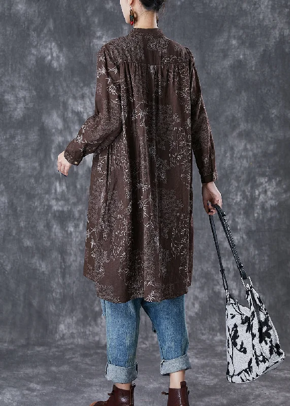 High-slit dresses for womenCoffee Print Cotton Vacation Dresses Button Down Fall