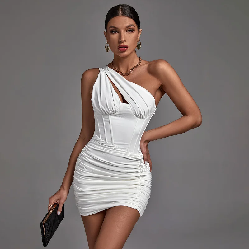 Velvet dresses for winterUINKKE One Shoulder Sleeveless Asymmetrical Mini Bodycon Dress