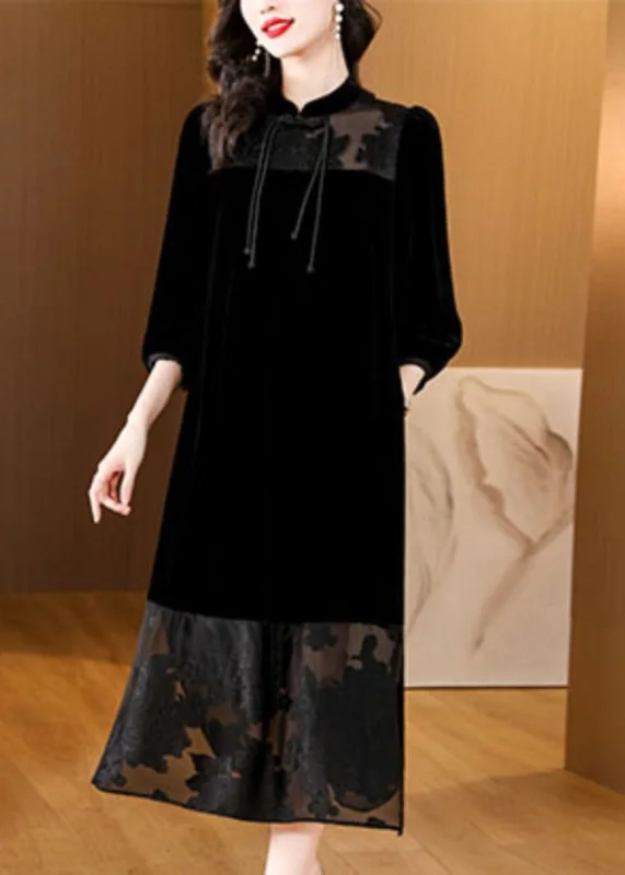 Petite dresses for womenLoose Black Tulle Patchwork Side Open Silk Velour Dress Bracelet Sleeve