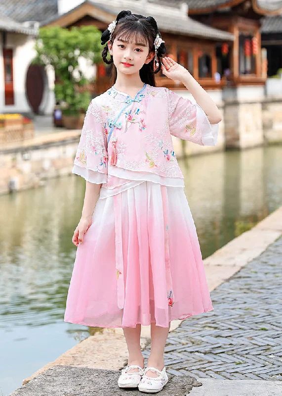 Bodycon dresses for womenBeautiful Pink Embroideried Patchwork Button Chiffon Kids Long Dresses Half Sleeve