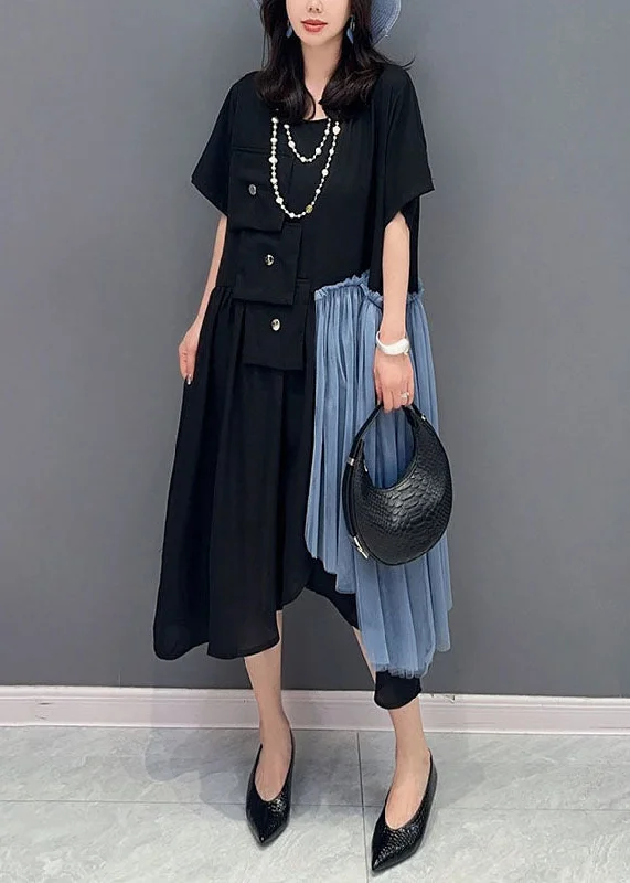 Wrap dresses for womenStylish Black Asymmetrical Tulle Patchwork Cotton Dress Summer