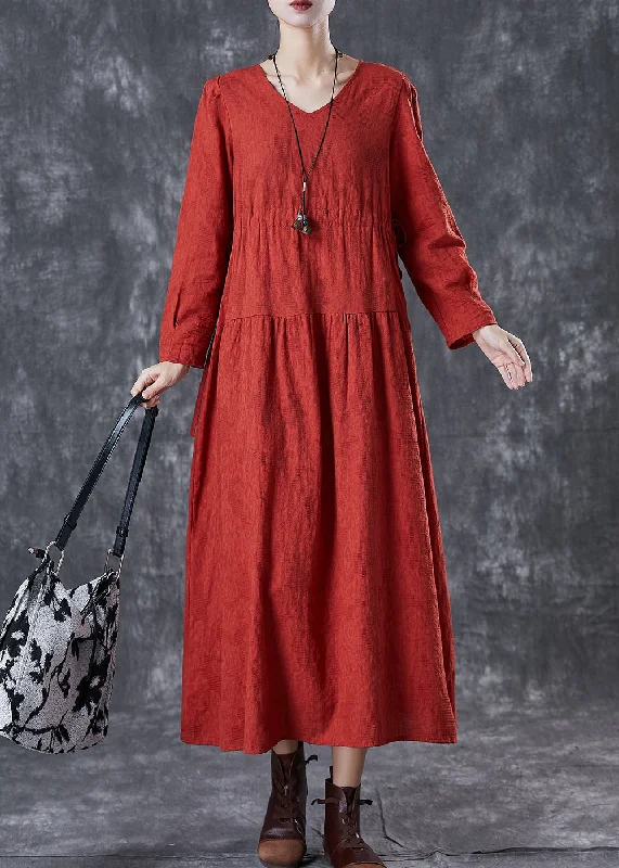 Evening gowns for formal eventsBeautiful Red Cinched Patchwork Linen Dresses Fall